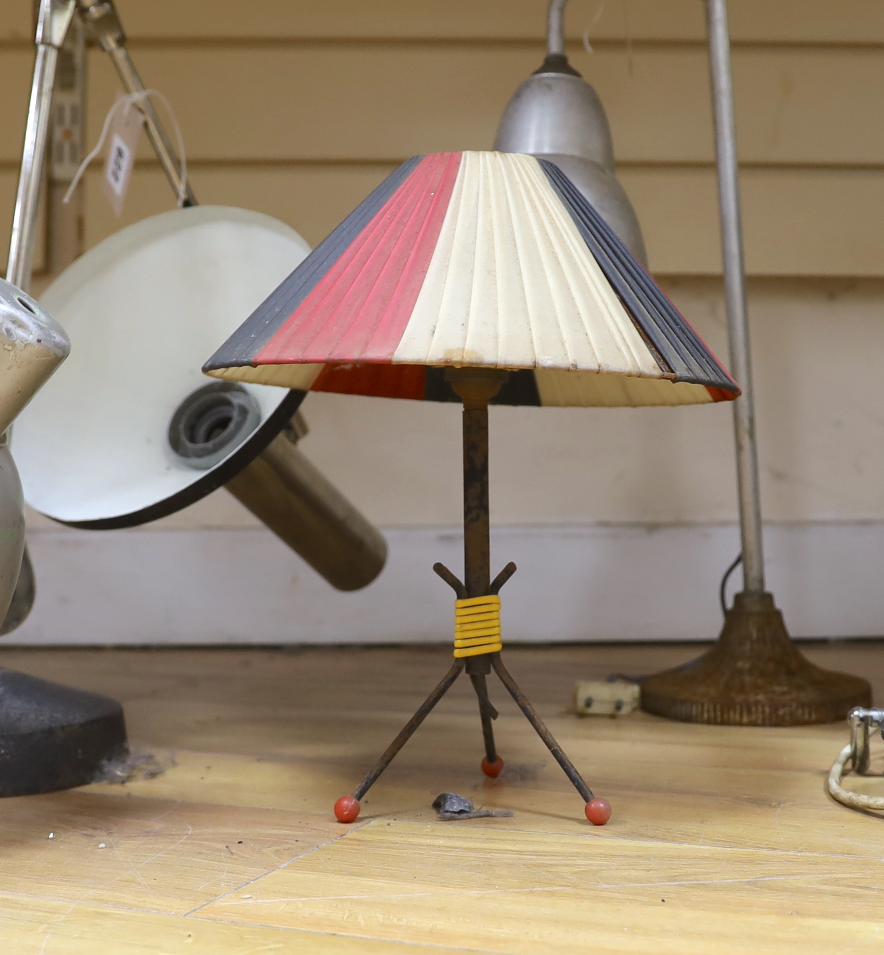 Three vintage metal industrial style desklamps, two table lamps and one other lamp